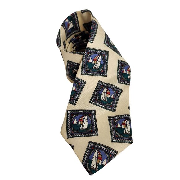 Vintage Morgan Hart Sailboat Pattern Cream Silk Tie 4" x 56" - Picture 1 of 4